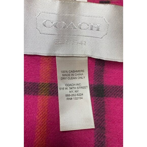 NWT Coach 100% Cashmere Vibrant Pink Plaid Scarf ($178) With Beautiful Fringe - Picture 3 of 3